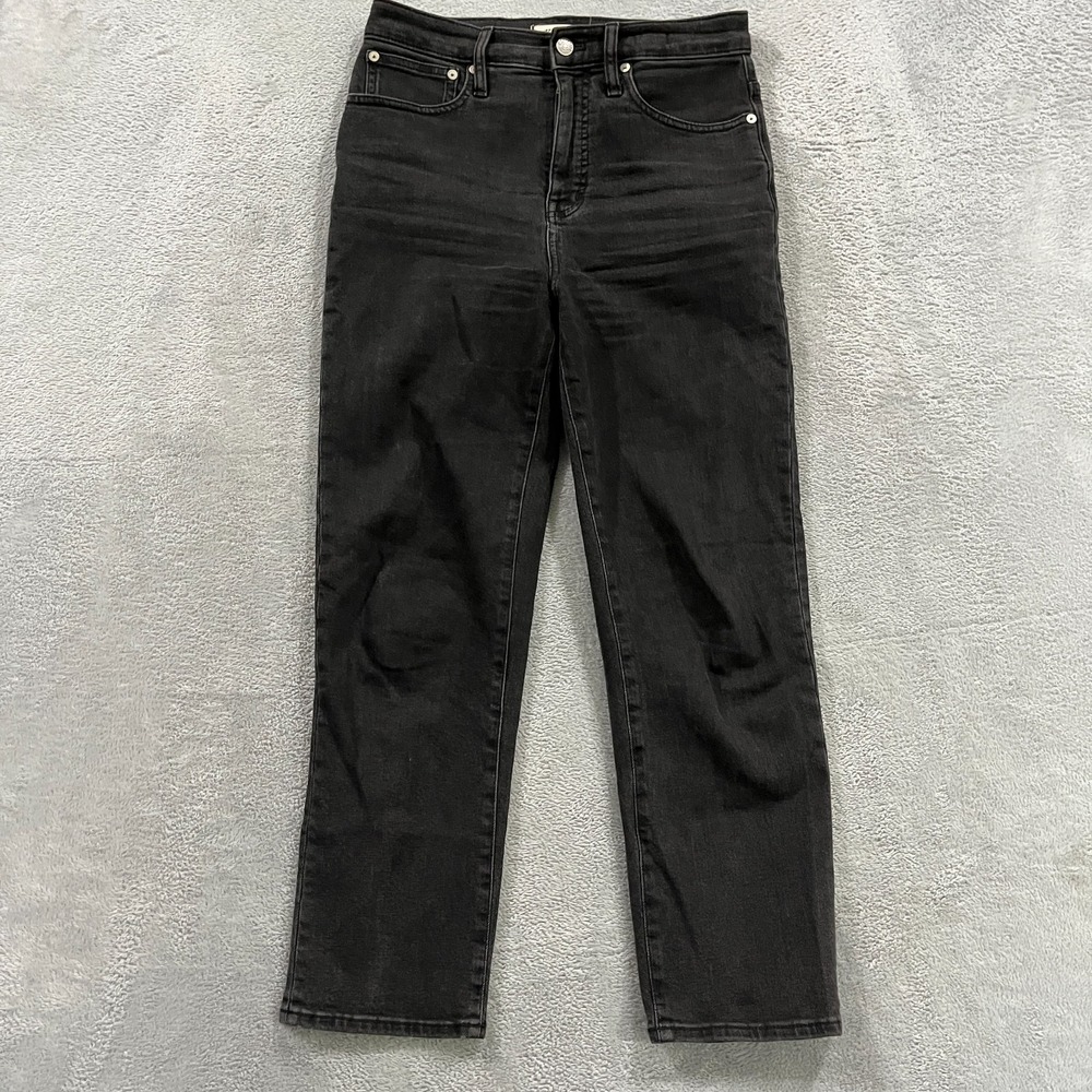 Madewell Jeans Women 26 Classic Straight Black High Rise Grunge Black Denim Fade